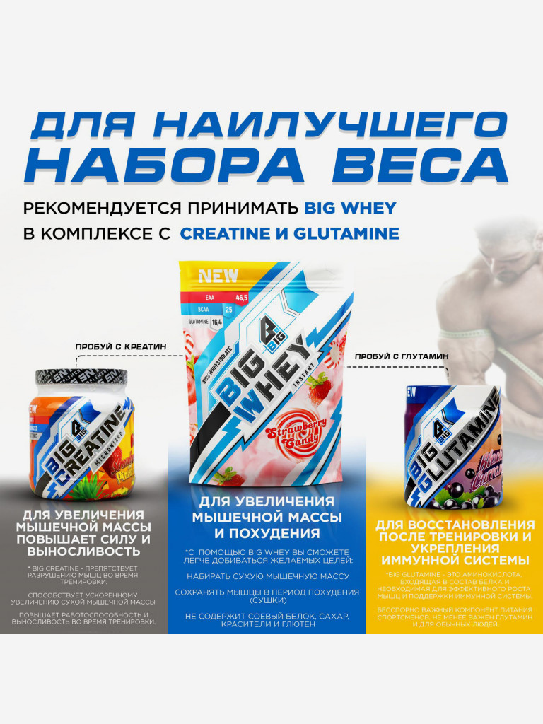 Протеин BIGSNT BIG WHEY сывороточный для набора мышечной массы, похудения и сушки / 900 грамм, 28 порций, Ягодное мороженое