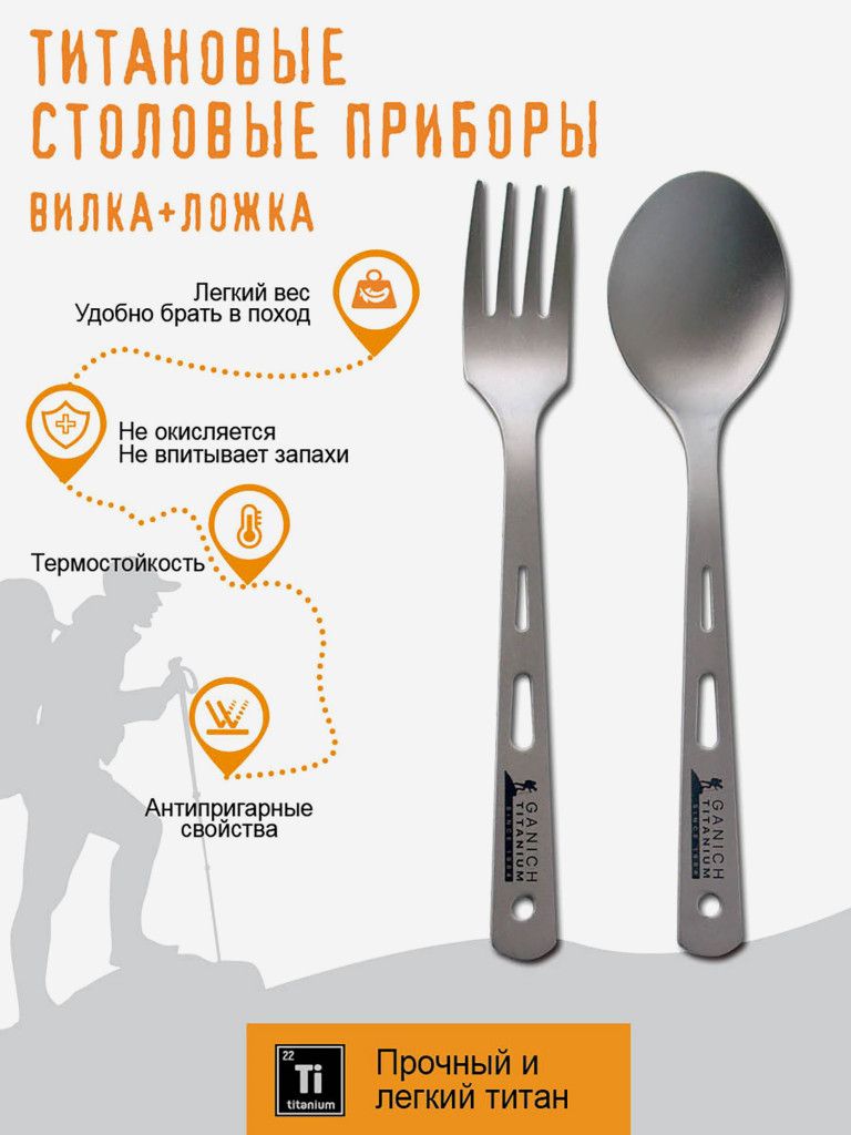 Набор туристических столовых приборов из титана; ложка и вилка в чехле, титановая посуда