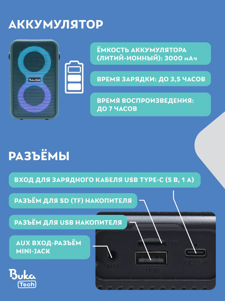 Беспроводная портативная колонка с двумя микрофонами BukaTech Nika Green, 20 Вт