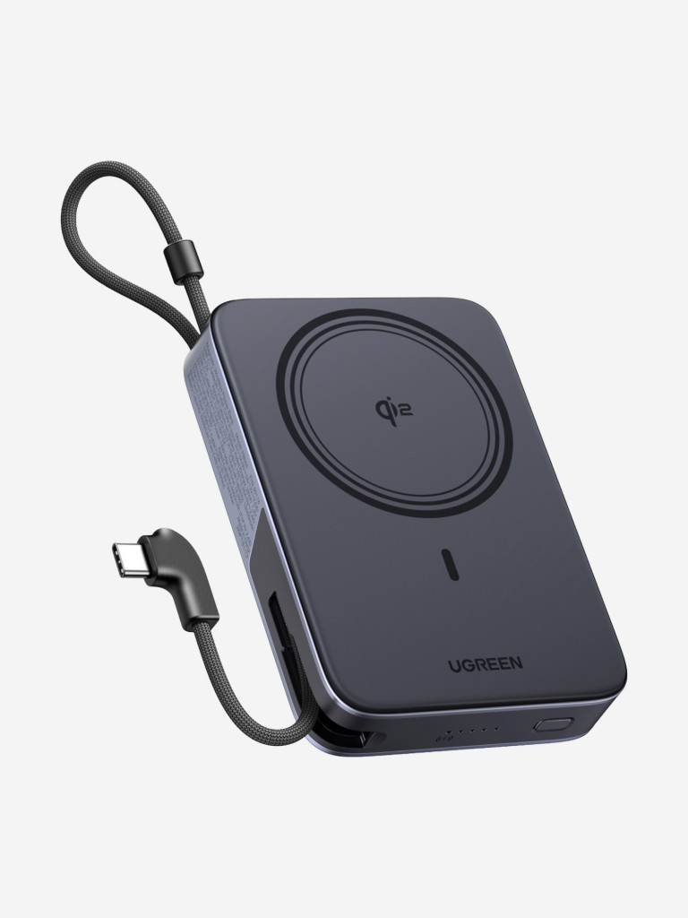 Внешний аккумулятор UGREEN PB568 (65176B) Magnetic Power Bank 10000mAh 30W USB-C с портом USB-C 15W Qi2, встроенным UBS-C кабелем, подставкой