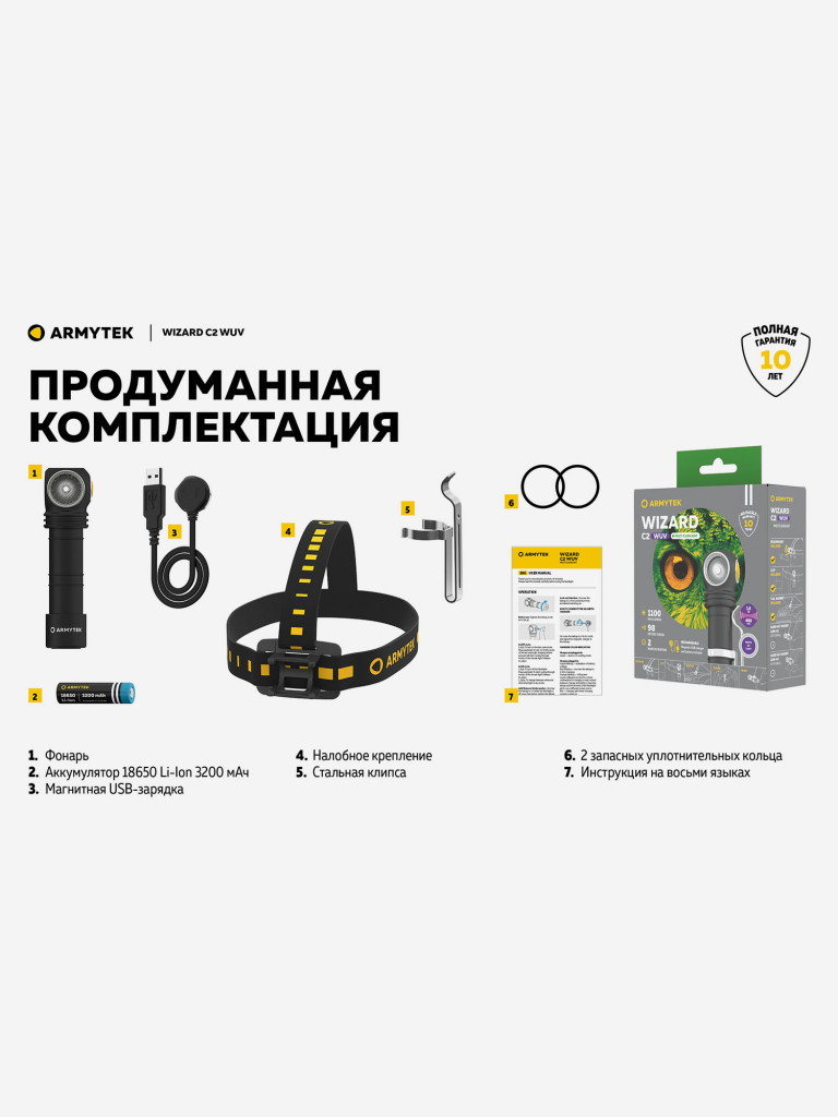 Фонарь налобный Armytek Wizard C2 MUV, холодный свет