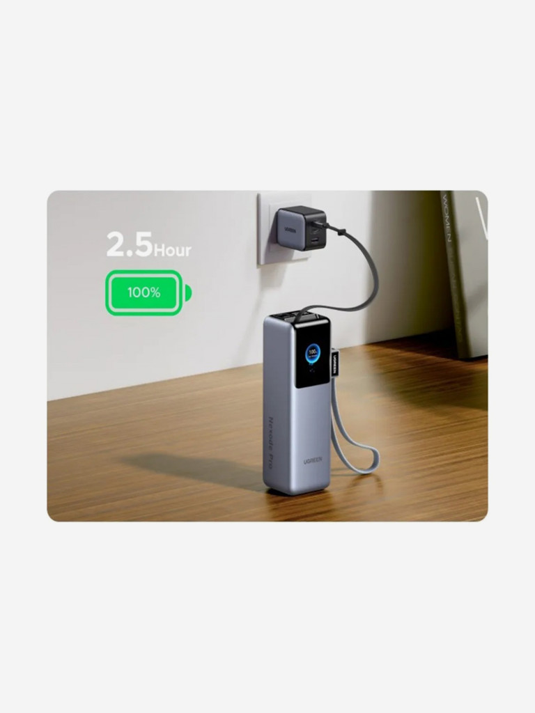 Портативный аккумулятор UGREEN PB728 (75702B) 200W Power Bank 25000mAh с двумя встроенными кабелями USB-C (ССС)