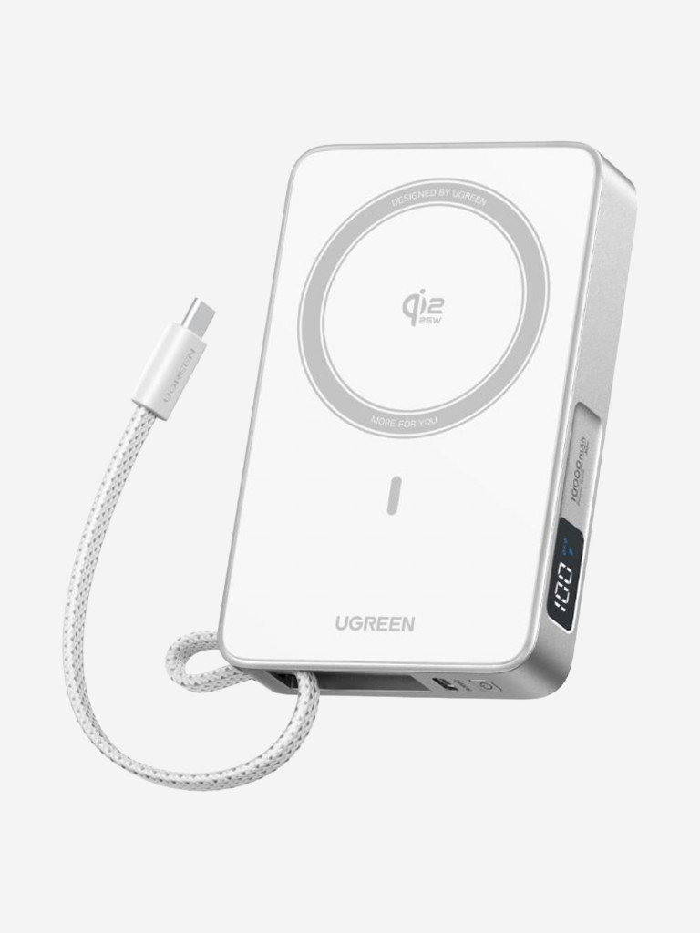 Внешний аккумулятор UGREEN PB773 (95027B) "MagFlow" 30W W-less 10000mAh Qi2.2 Power Bank&Built-in Cable (CCC) со встроенным кабелем USB-C