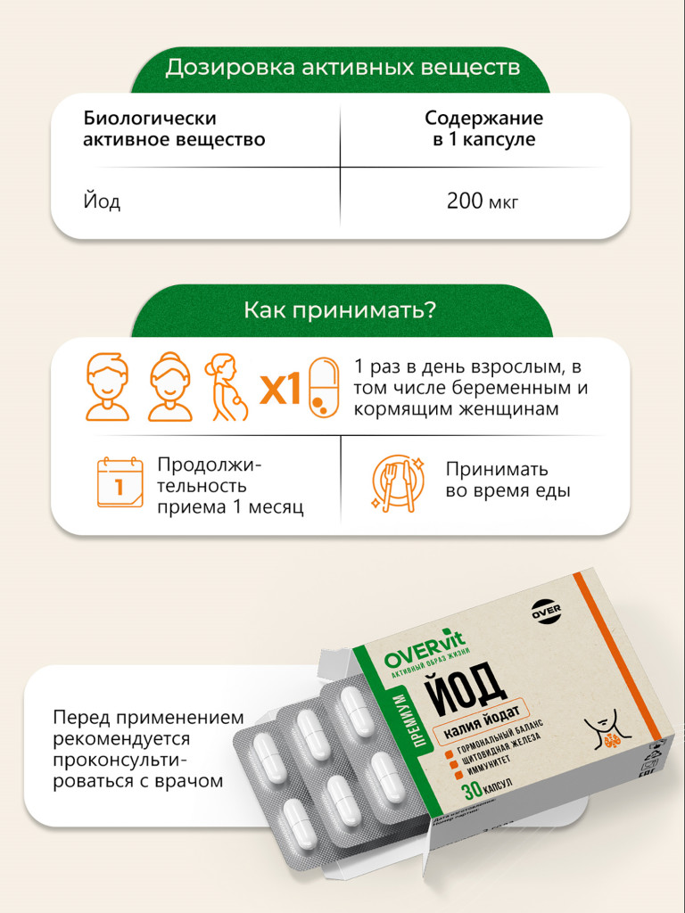 Калия йодат,OVER, 30 капсул