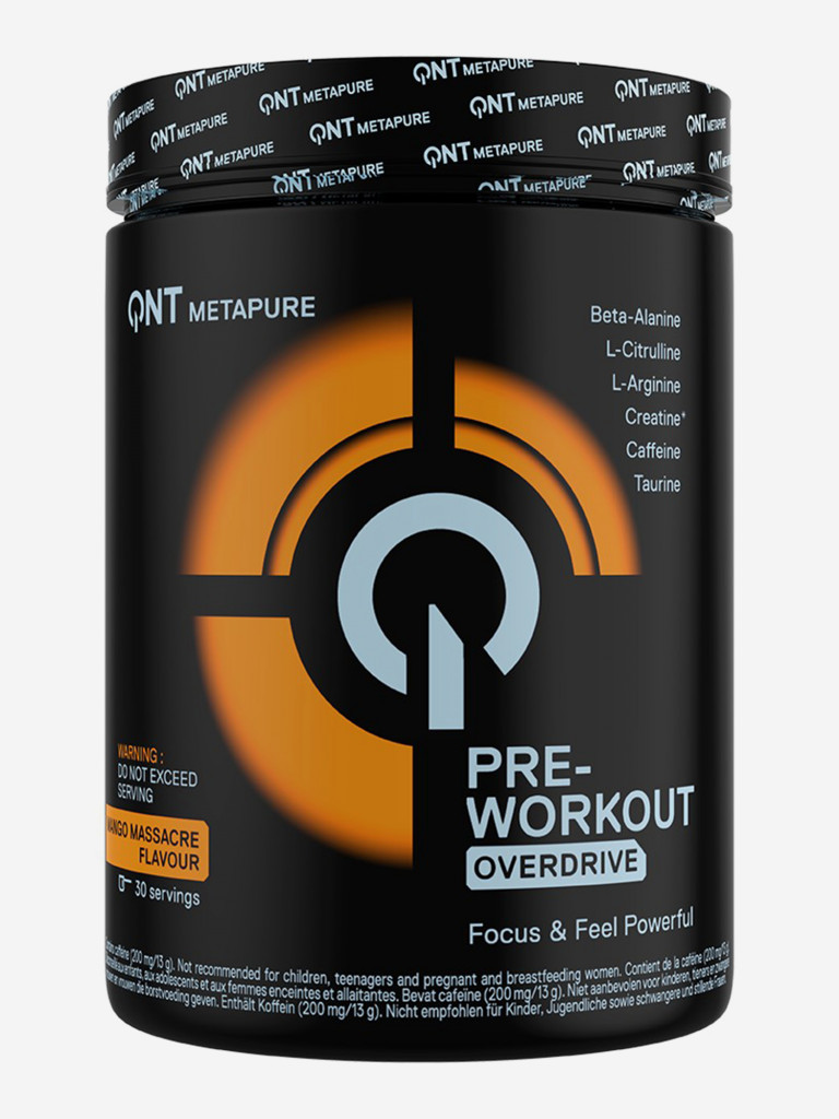 Предтренировочный комплекс, Креатин, Бета Аланин, QNT Metapure Pre-Workout Overdrive 390г, Манго.