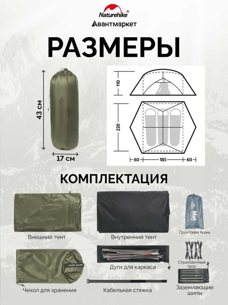 Палатка Naturehike Mongar CNK2550WS037 20D трехместная