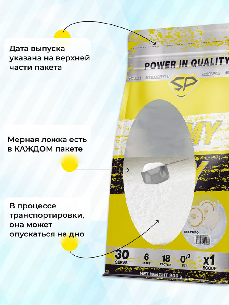 Сывороточный протеин Steelpower Yummy Whey, 900 г, 60% белка, Кокос, Сливочный крем (рафаэлло)