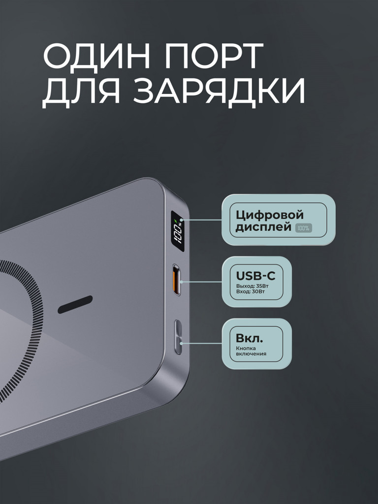 Внешний аккумулятор NRG Max Qi2.2 25Вт 10000 мА-ч (38.5 Вт-ч),Qi мощность до 25Вт MageSafe