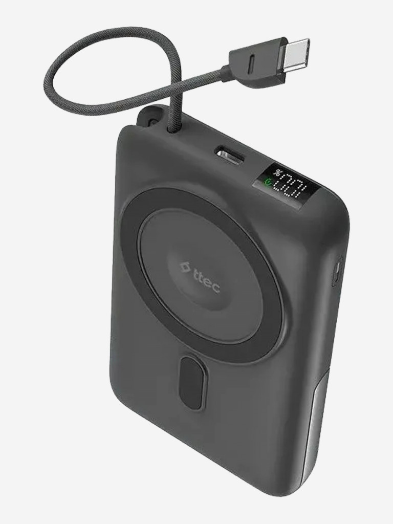 Внешний аккумулятор беспроводной TTEC Recharger M LCD 10000 mAh. MagSafe PD 20W Powerbank с кабелем USB-C и подставкой. Цвет: серый