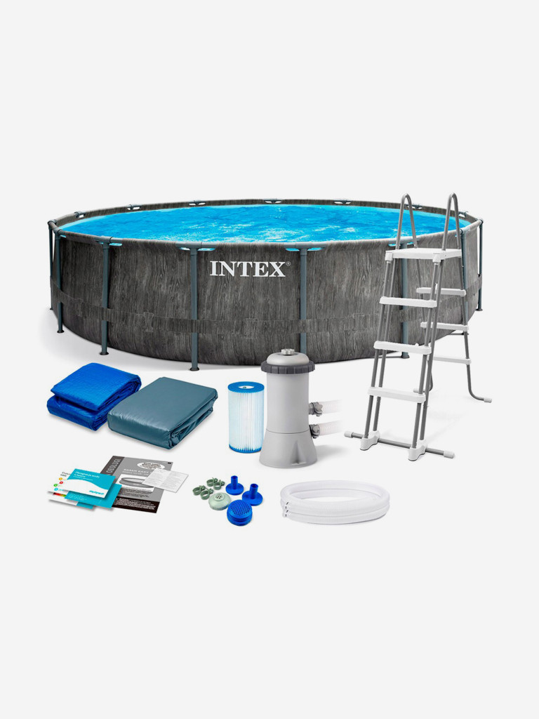 Каркасный бассейн Intex 26744 GreyWood Prism Frame (549x122см) + фильтр-насос 5678 л/ч, лестница, тент, подстилка