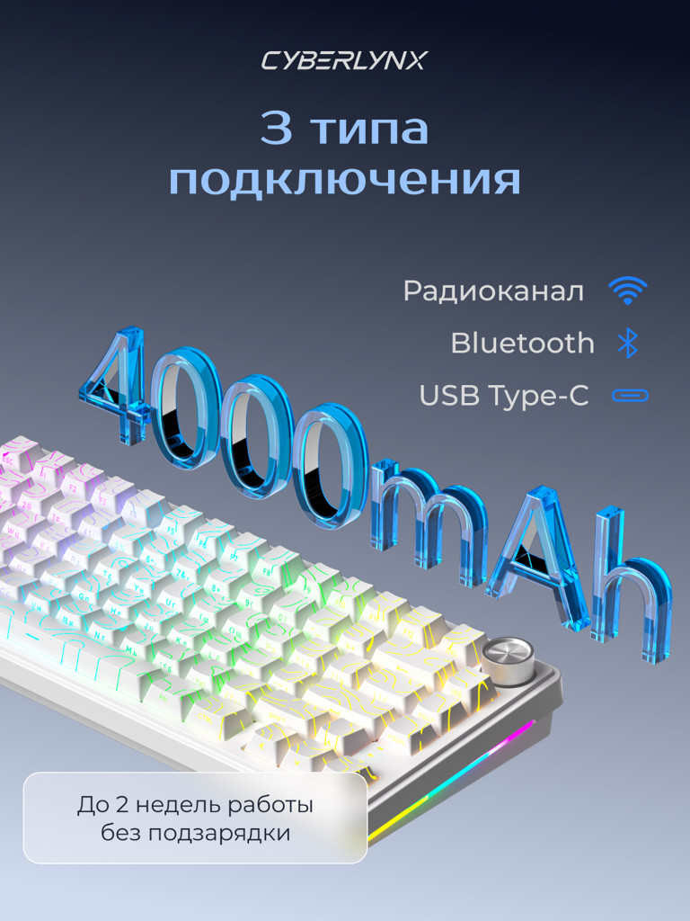 Игровая беспроводная механическая клавиатура CYBERLYNX RX75 белыe контурные линии Glow Purple Switch