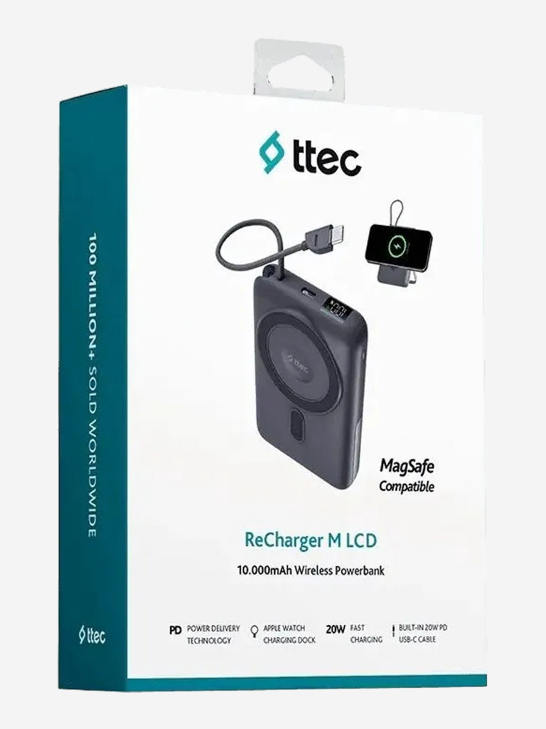 Внешний аккумулятор беспроводной TTEC Recharger M LCD 10000 mAh. MagSafe PD 20W Powerbank с кабелем USB-C и подставкой. Цвет: серый