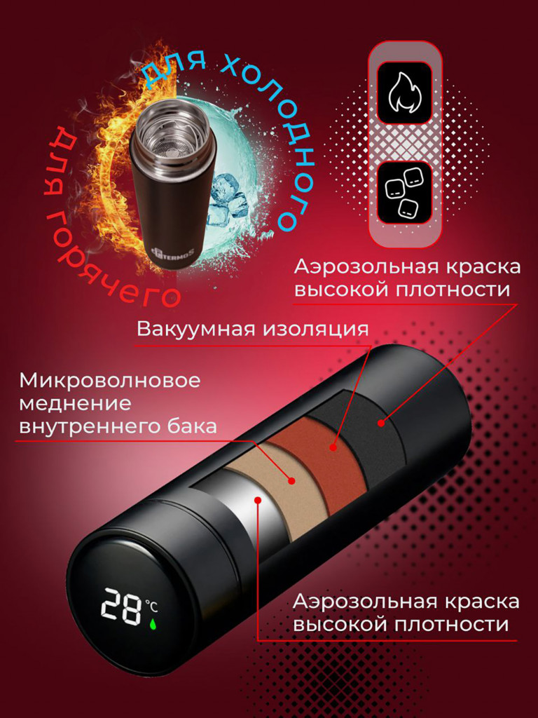 Термос с узким горлом с термодатчиком Intermos, 500 мл, черный