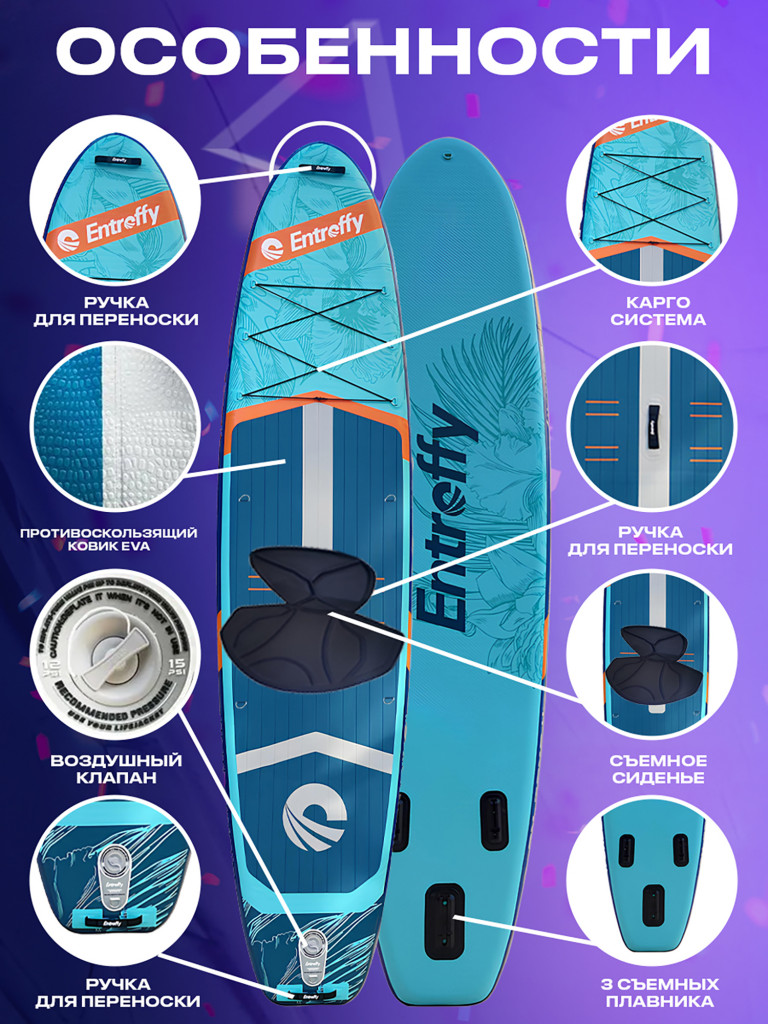 SUP-доска ENTROFFY Explorer Blue 11'6", надувная, универсальная, двухслойная, с сиденьем и веслом 2 в 1, 351х89х15 см, до 204 кг