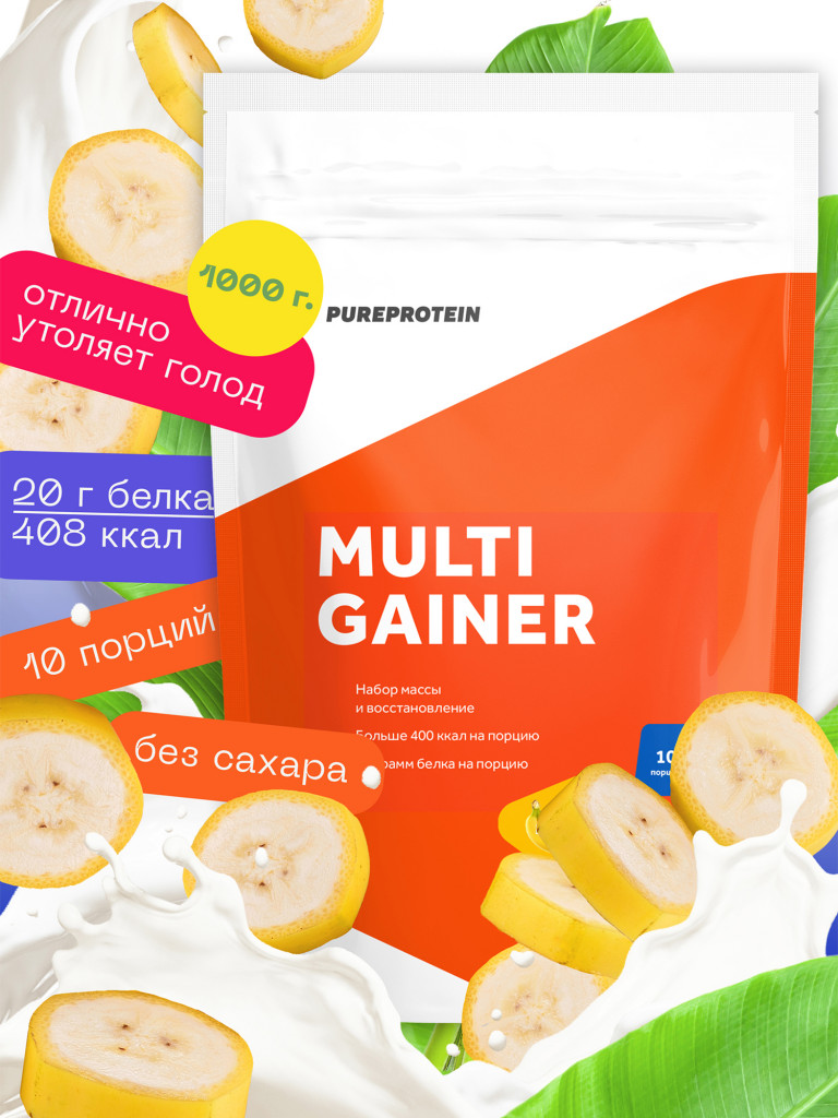 Гейнер для набора мышечной массы Многокомпонентный PUREPROTEIN 1кг, Банан