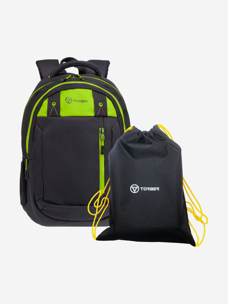 Рюкзак TORBER CLASS X, черный с зеленой вставкой, 45 x 32 x 16 см +Мешок для сменной обуви в подарок