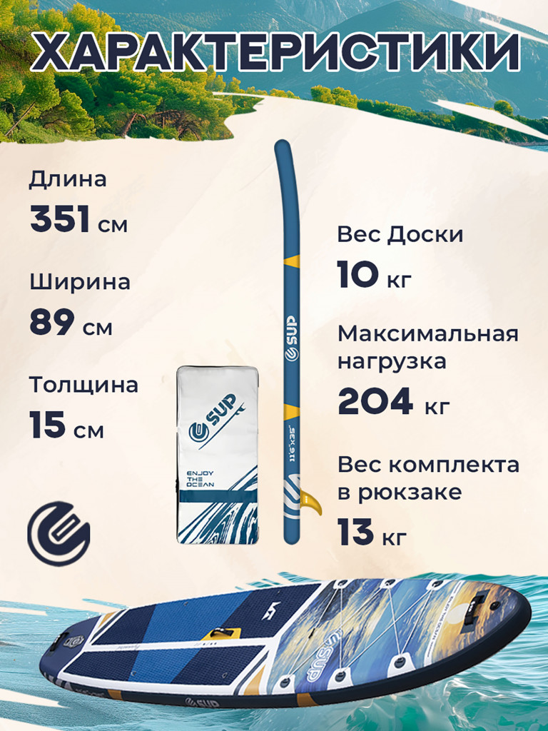 Надувной сапборд E-SUP CLASSIC BLUE 11'6" (351×89×15 см), универсальный