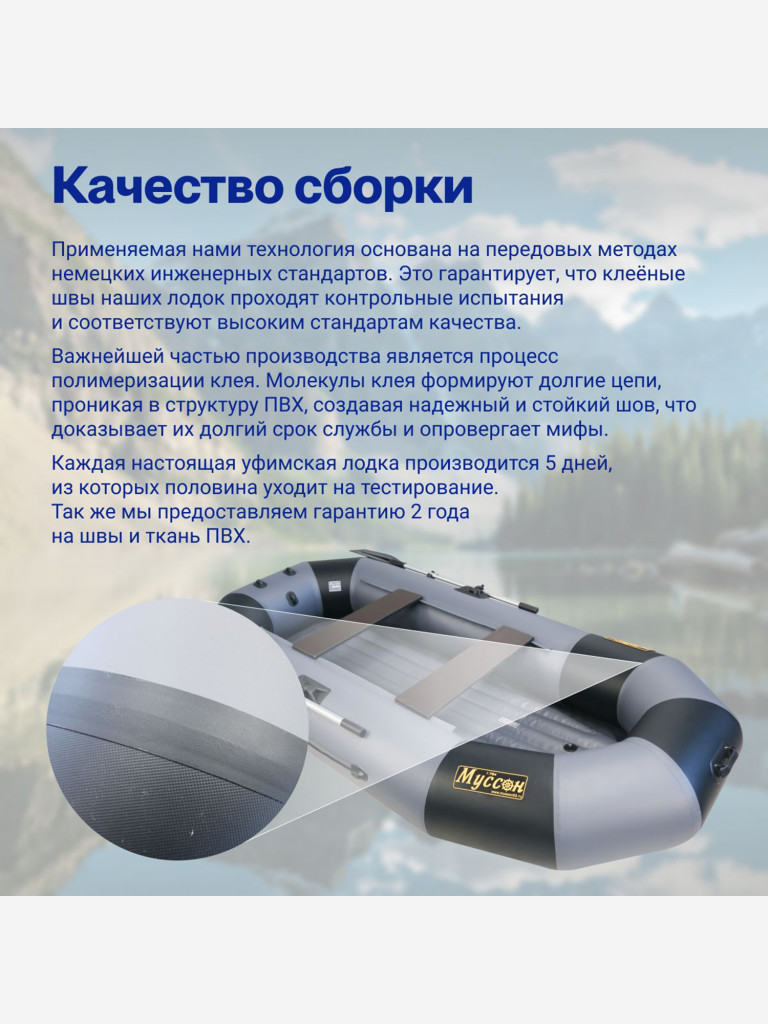 Лодка надувная для рыбалки ПВХ Лодки Поволжья H-300 НД под мотор, двухместная гребная, серо-черная