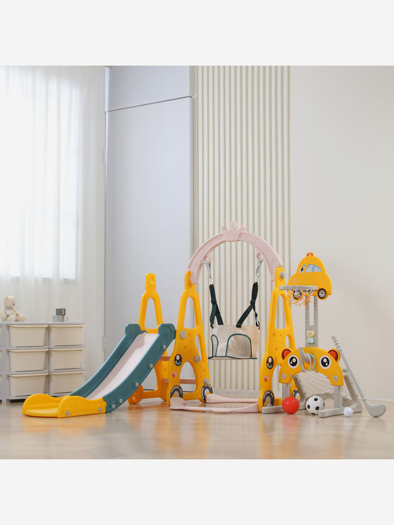 Горка с качелями и баскетбольной стойкой UNIX Kids Funny Car, 160 см, желтый