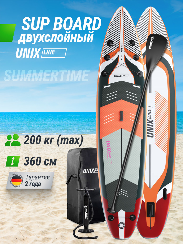 Сапборд надувной для плавания UNIX Line sup board Summertime 360 см до 200 кг, двухслойный, с веслом, рюкзак, насоc