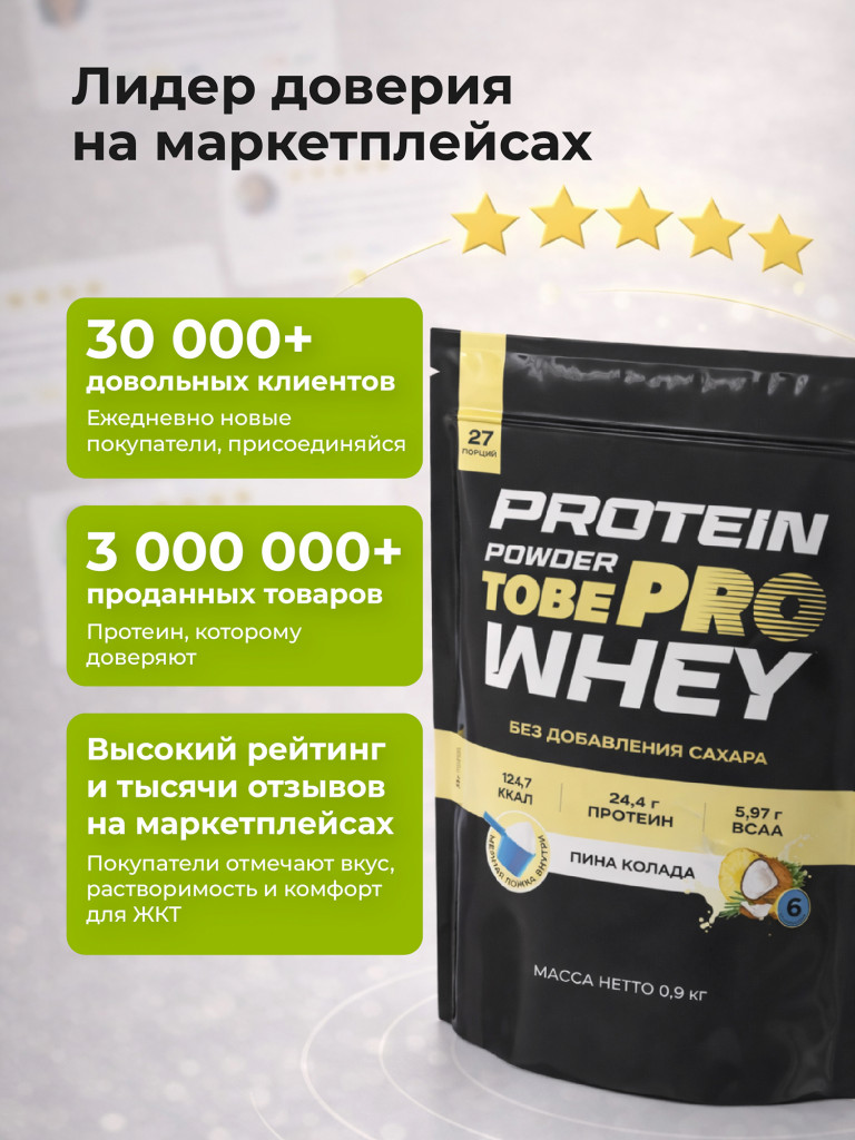 Протеин сывороточный без сахара TobePRO Whey Protein с ВСАА Пина Колада, 900 г/30 порций