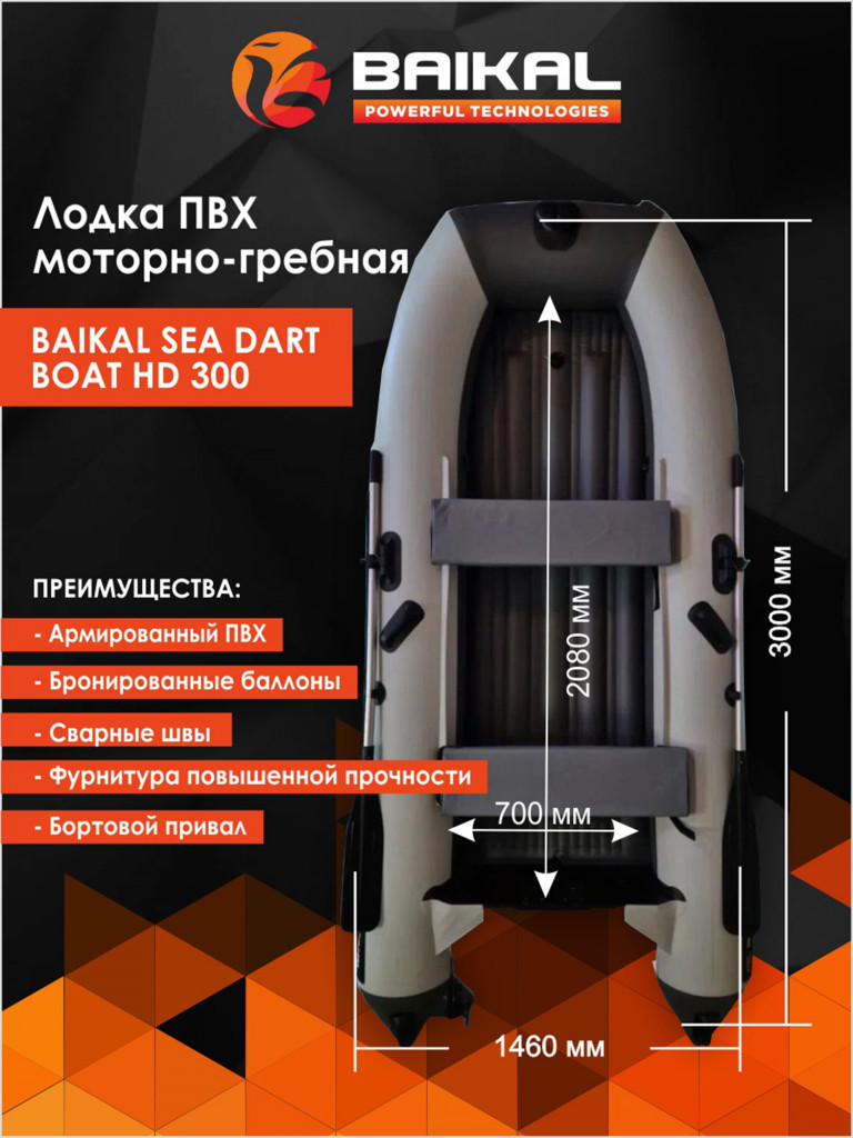 Лодка Байкал 300 ПВХ под мотор для рыбалки, для охоты, для отдыха, надувная
