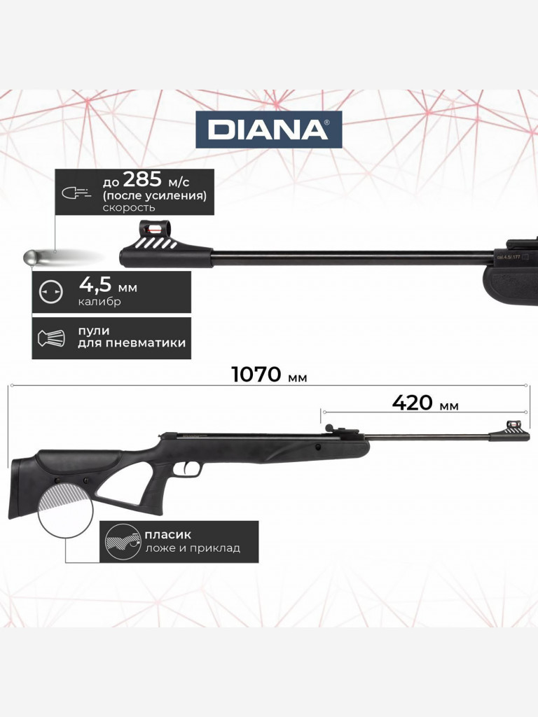 Винтовка пневматическая Diana two sixty, кал.4,5 мм, дерево 3 Дж Коричневый  цвет — купить за 21590 руб. со скидкой 9 %, отзывы в интернет-магазине  Спортмастер