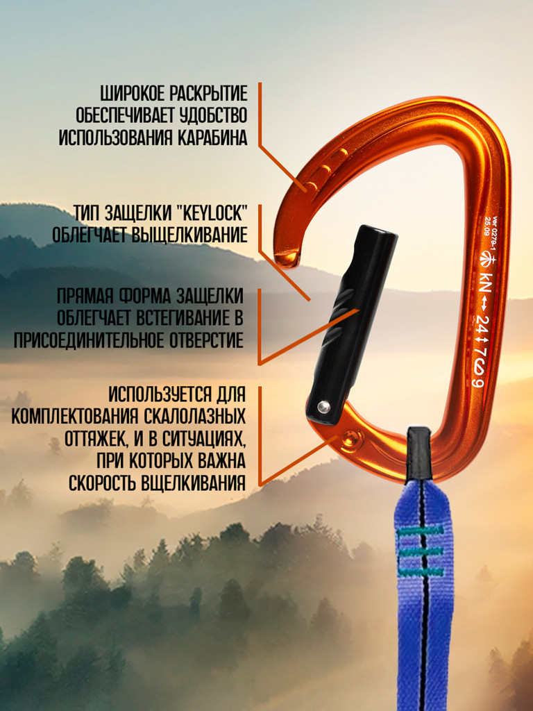 Карабин скалолазный с прямой защелкой оранжевый.Вертикаль