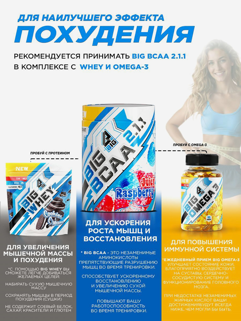 BCAA 2:1:1 BIGSNT/ комплекс аминокислот для роста мышц / порошок, 400 грамм (80 порций), вкус Малина