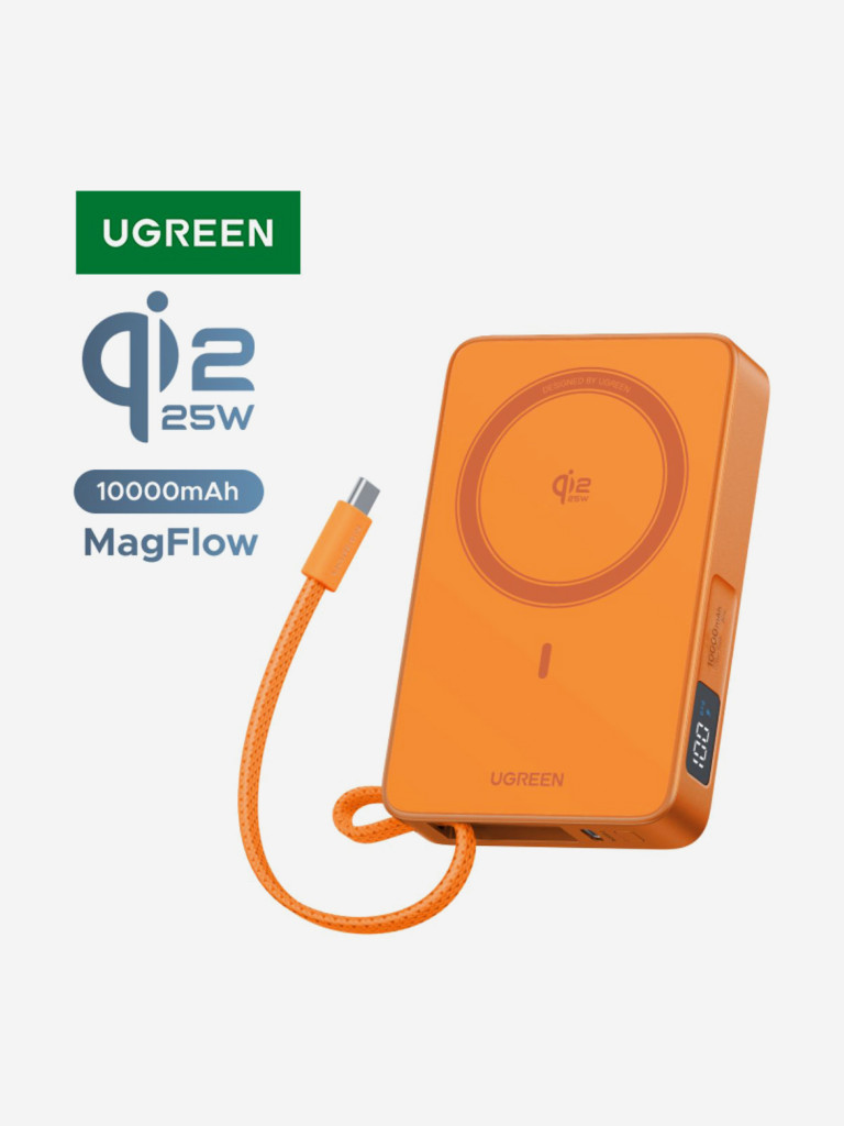 Внешний аккумулятор UGREEN PB773 (95083B) "MagFlow" 30W W-less 10000mAh Qi2.2 Power Bank&Built-in Cable (CCC) со встроенным кабелем USB-C