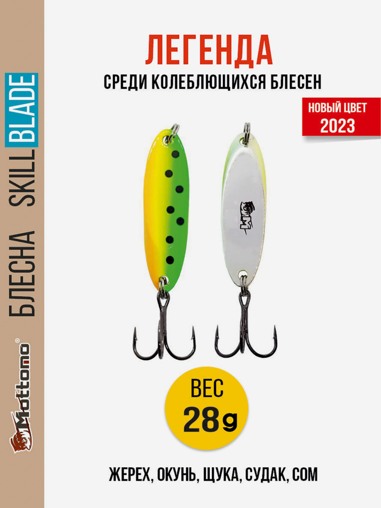 Блесна колеблющаяся для рыбалки Mottomo Skill Blade 28g Fire Tiger 2. Колебалка на жереха, щуку, окуня, голавля, форель