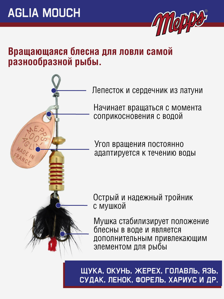 Блесна вращающаяся для рыбалки Mepps AGLIA MOUCH на щуку, окуня