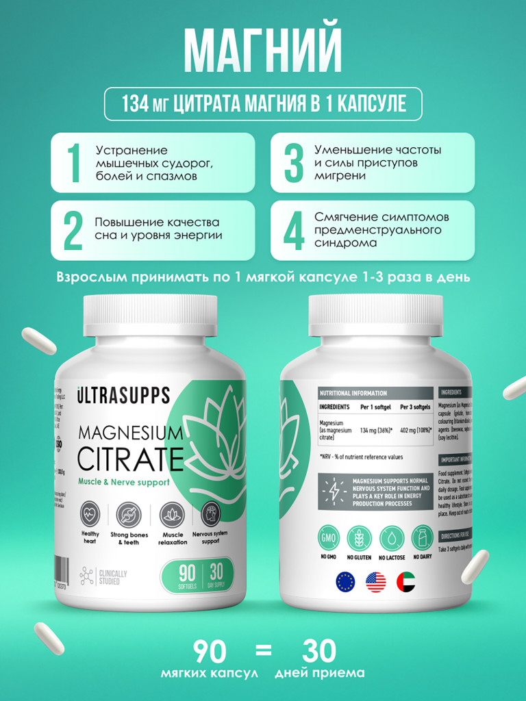 Набор из Витамины группы В, Магний цитрат и 5 НТР UltraSupps Anti-stress support комплекс БАДы халяль