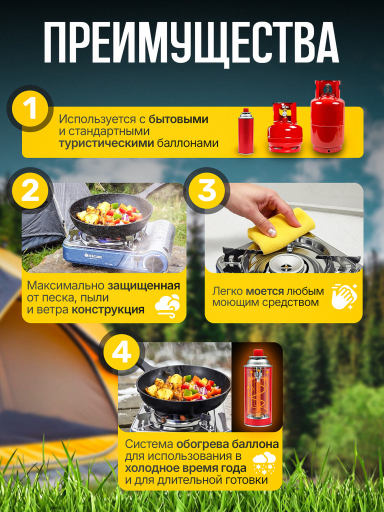 Газовая плита Ice Cube GS-3800 SP, 2.9 кВт, 200 г/ч, переходник