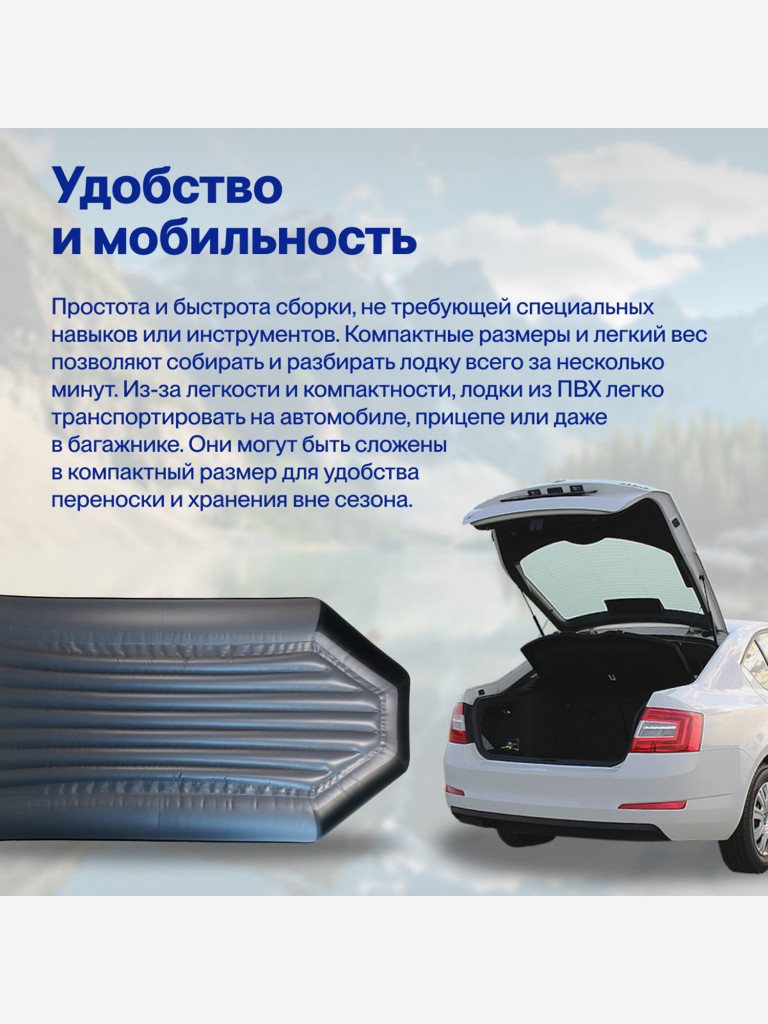 Лодка ПВХ под мотор для рыбалки надувная Лодки Поволжья 2800 НД с надувным дном, двухместная, стационарный транец, серо-черная