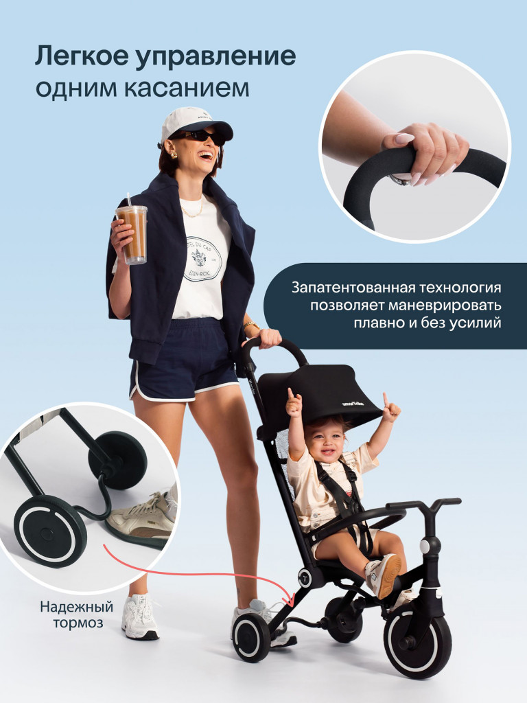 Велосипед детский трехколесный с ручкой SmarTrike Wonder+ Storm Black, складной, для путешествий