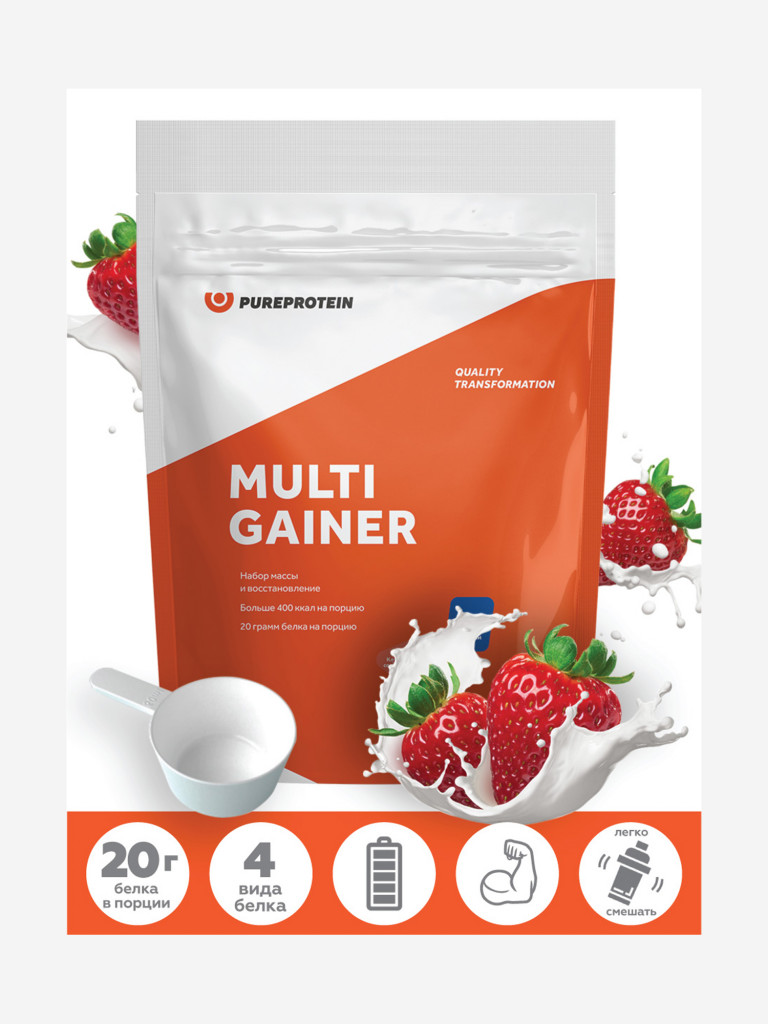 Гейнер для набора мышечной массы Многокомпонентный PUREPROTEIN 3кг,  Клубника со сливками оранжевый цвет — купить за 2129 руб. со скидкой 31 %,  отзывы в интернет-магазине Спортмастер