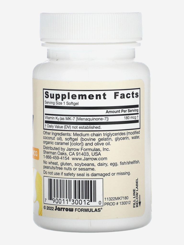 Витамин K2 180 мкг (менахинон) для сердца, для костей и суставов, Jarrow Formulas MK-7 180 mcg, 30 softgels