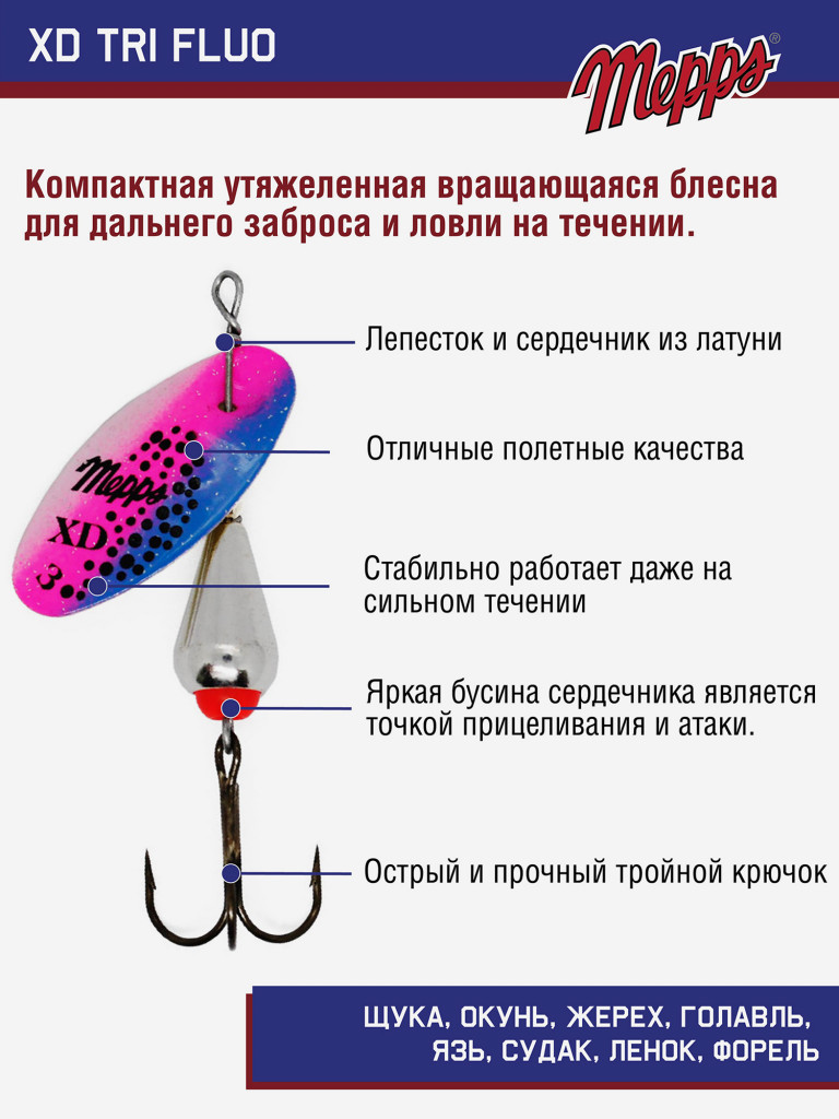 Блесна вращающаяся для рыбалки Mepps XD TRI FLUO №3 на щуку, окуня