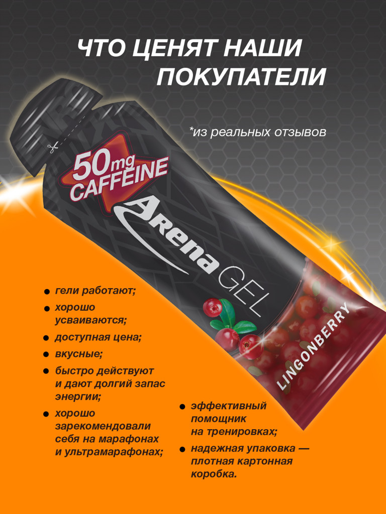 Энергетический гель Arena с кофеином, 8 штук, брусника