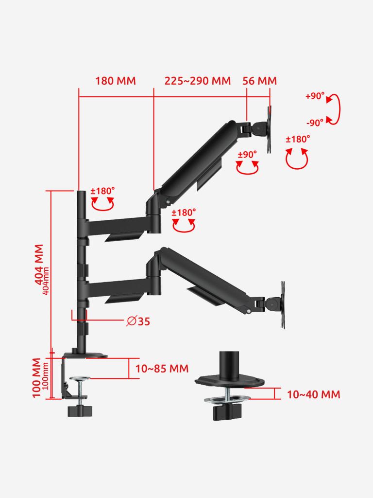 UNITEKI FMGT92PIPE кронштейн для 2 мониторов со струбциной, газлифт, крепление на трубе, 17-34", вертикальная регулировка, нагрузка 2-9 кг на каждый монитор