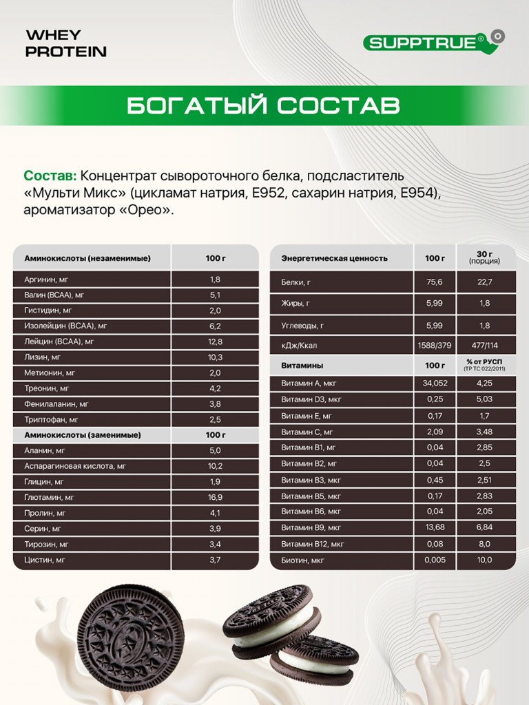 Протеин сывороточный Supptrue /whey protein/ Со вкусом Орео 1000г 40 порций