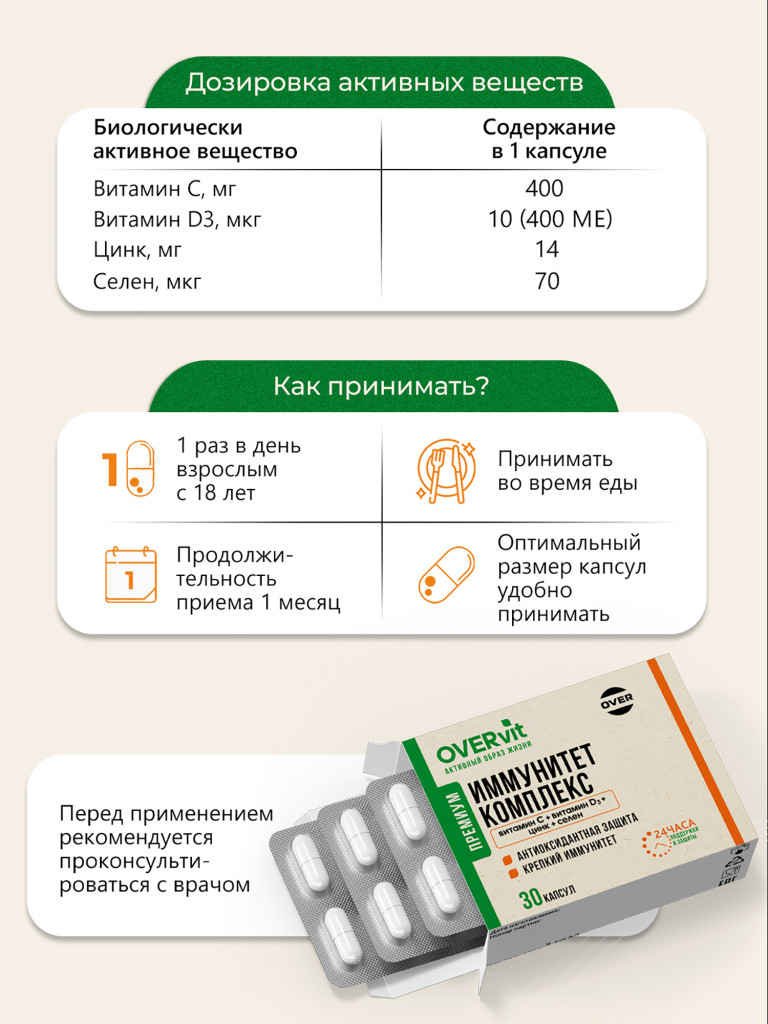 OVERVIT - Иммунитет комплекс Витамин С + Витамин D3 + Цинк + Селен" OVER, 30 капсул