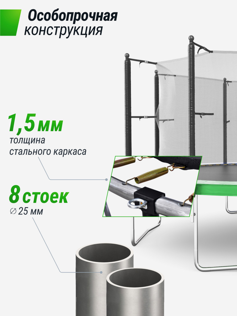 Батут каркасный UNIX Line Simple 12 ft Green с внутренней защитной сеткой, общий диаметр 366 см, до 150 кг