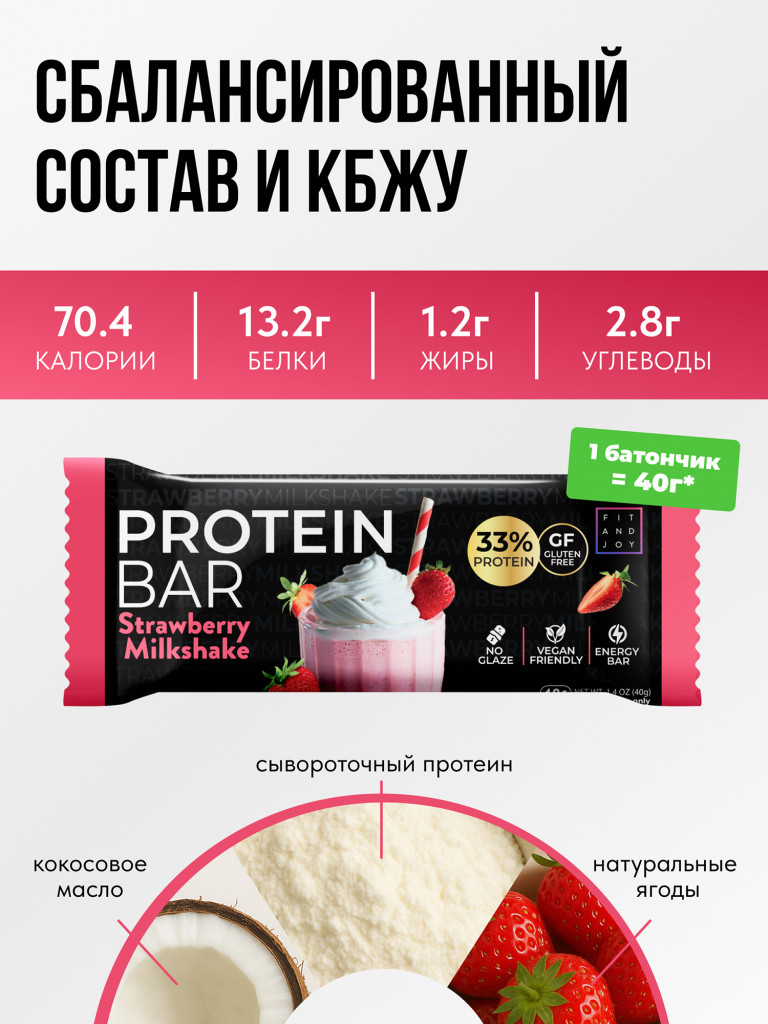Протеиновые батончики без глазури 16шт Клубничный милкшейк, без сахара
