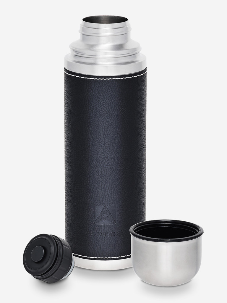 Термос для напитков, пробка с кнопкой, с кожаной вставкой на корпусе. Объем 0,7 л.