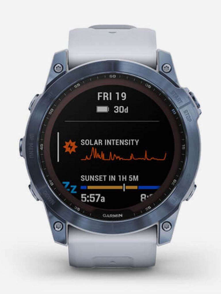Часы Garmin Fenix 7X Sapphire Solar с подзарядкой от солнца, титановый синий минерал DLC с белым ремешком 010-02541-15