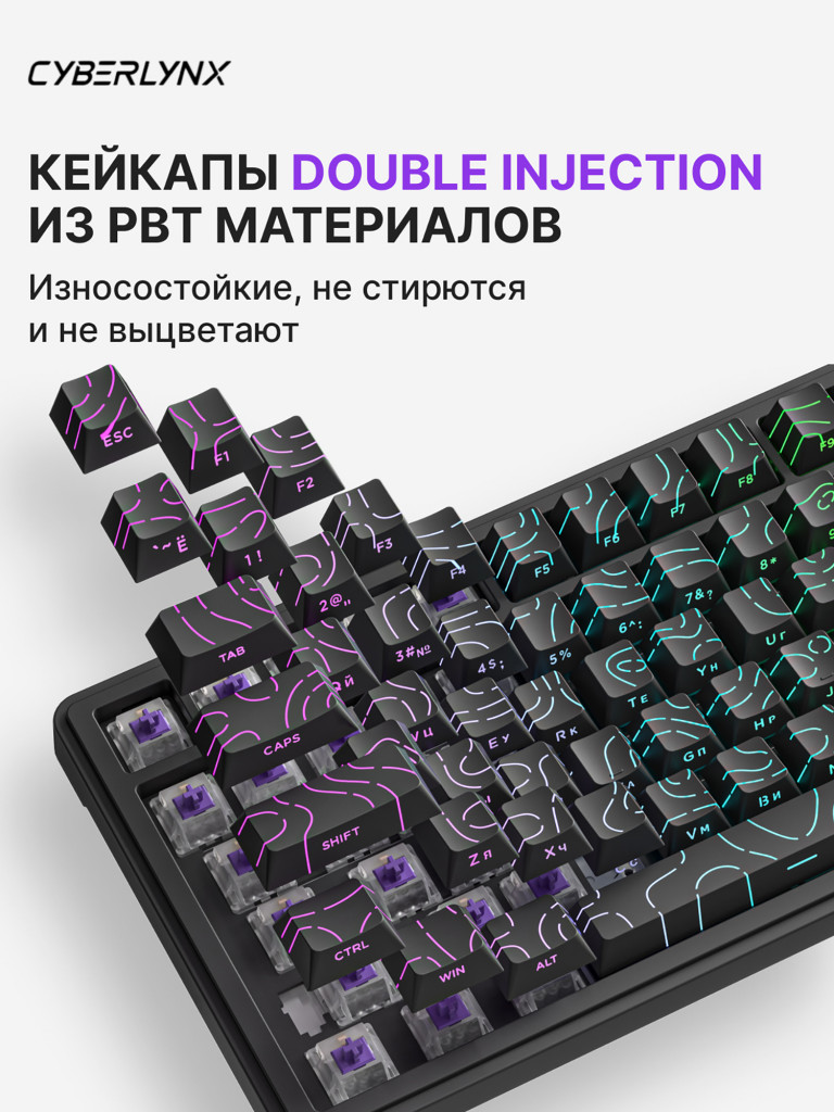 Игровая беспроводная механическая клавиатура CYBERLYNX RX75 дизайн с черными линиями Flow Purple Switch