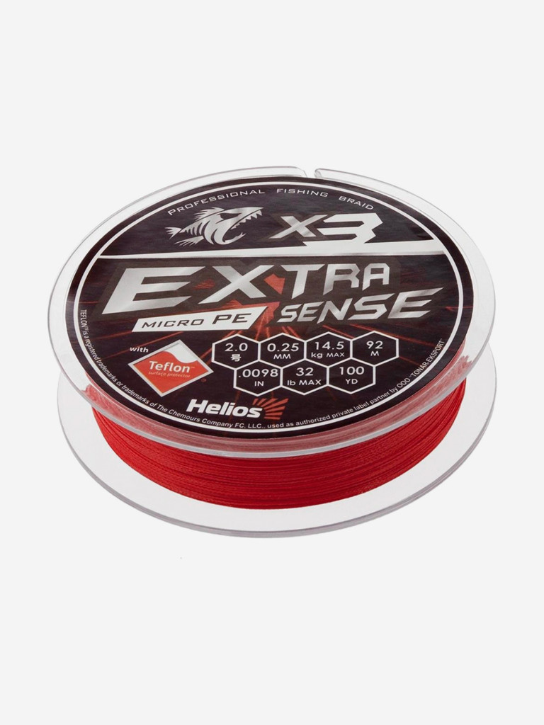 Шнур плетеный для рыбалки Helios Extrasense X3 PE, 92м, 0,25мм, 14,5кг, красный