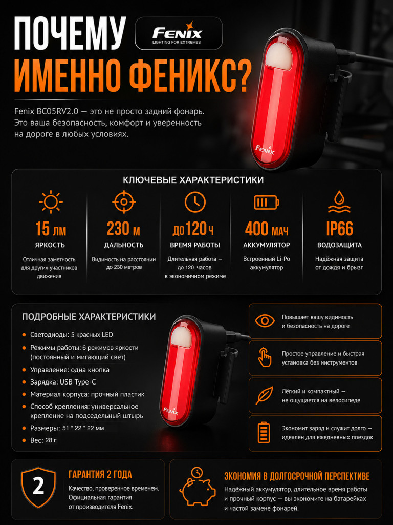 Велофара задняя Fenix BC05R V2.0